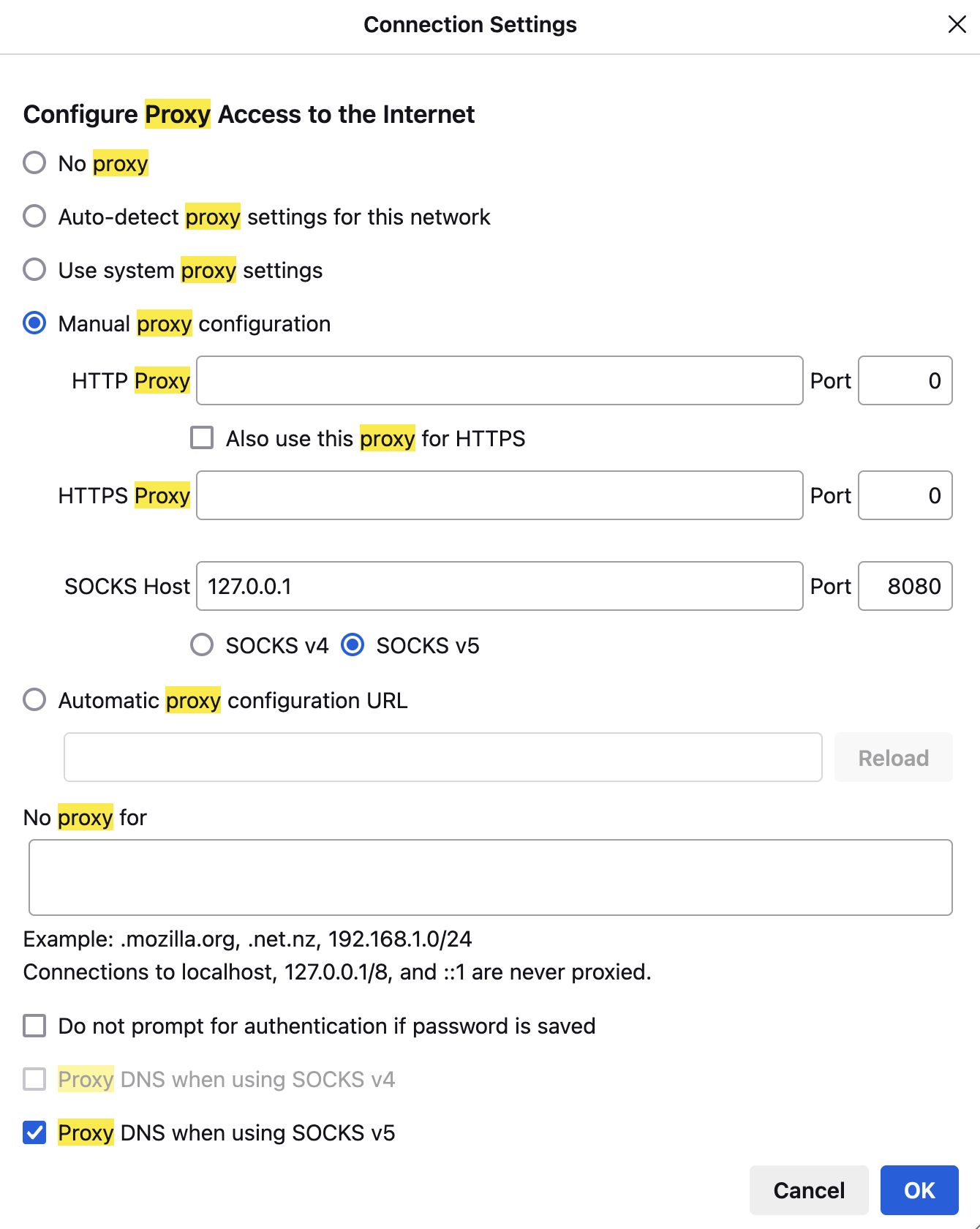 Screenshot explaining the set up of a SOCKS 5 proxy